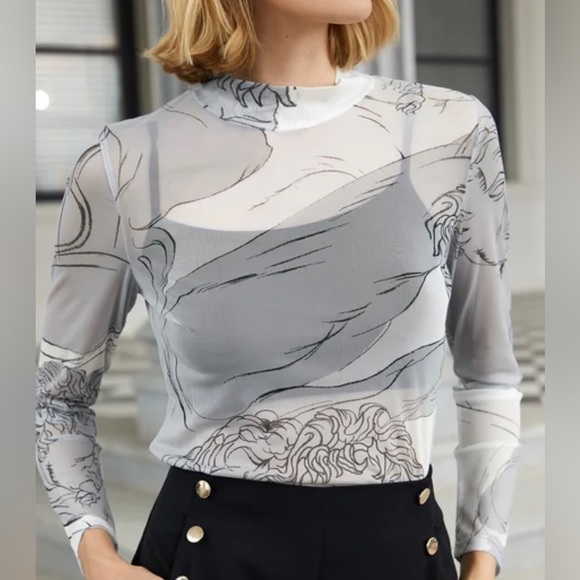 STYLEWE Tops - STYLEWE Artsy Sheer Long Sleeved Shirt Women Size Large White and Gray